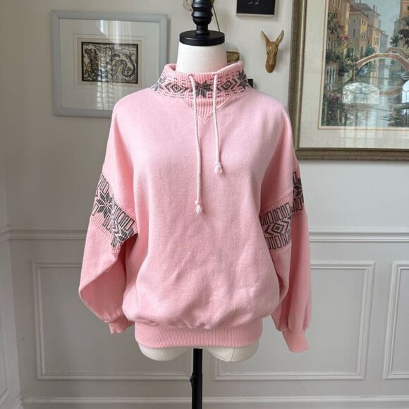 Vintage 80s Boundary Waters Pink Mixed Material Sweatshirt Grey Snowflake M - Picture 1 of 7